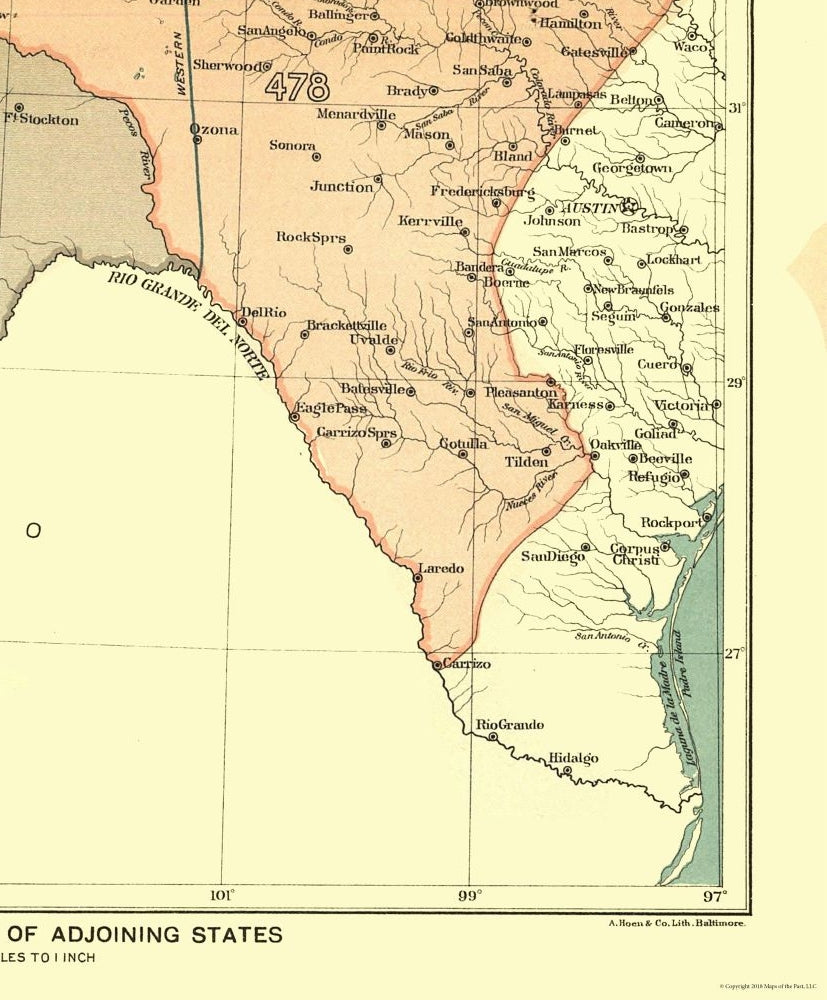 Historic State Map - Texas - Hoen 1896 - 23 x 27.81 - Vintage Wall Art