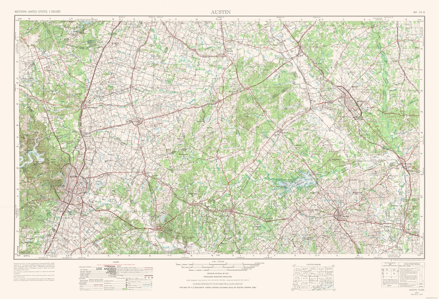 Topographical Map - Austin Texas Quad - USGS 1954 - 33.71 x 23 - Vintage Wall Art