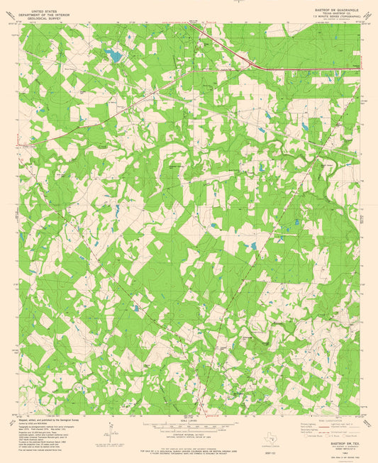 Topographical Map - Bastrop Texas South West Quad - USGS 1982 - 23 x 28.19 - Vintage Wall Art