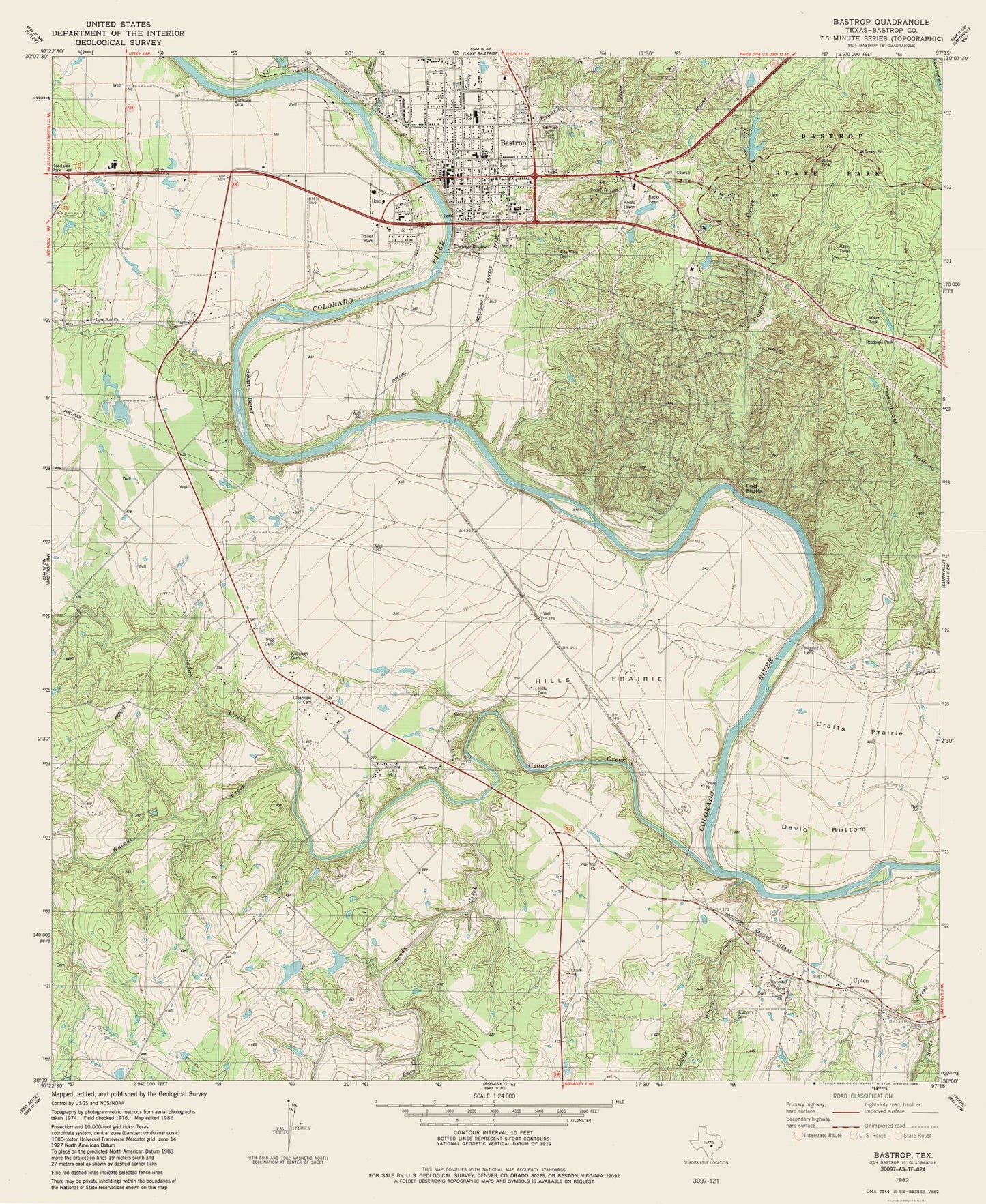 Topographical Map - Bastrop Texas Quad - USGS 1982 - 23 x 28.10 - Vintage Wall Art