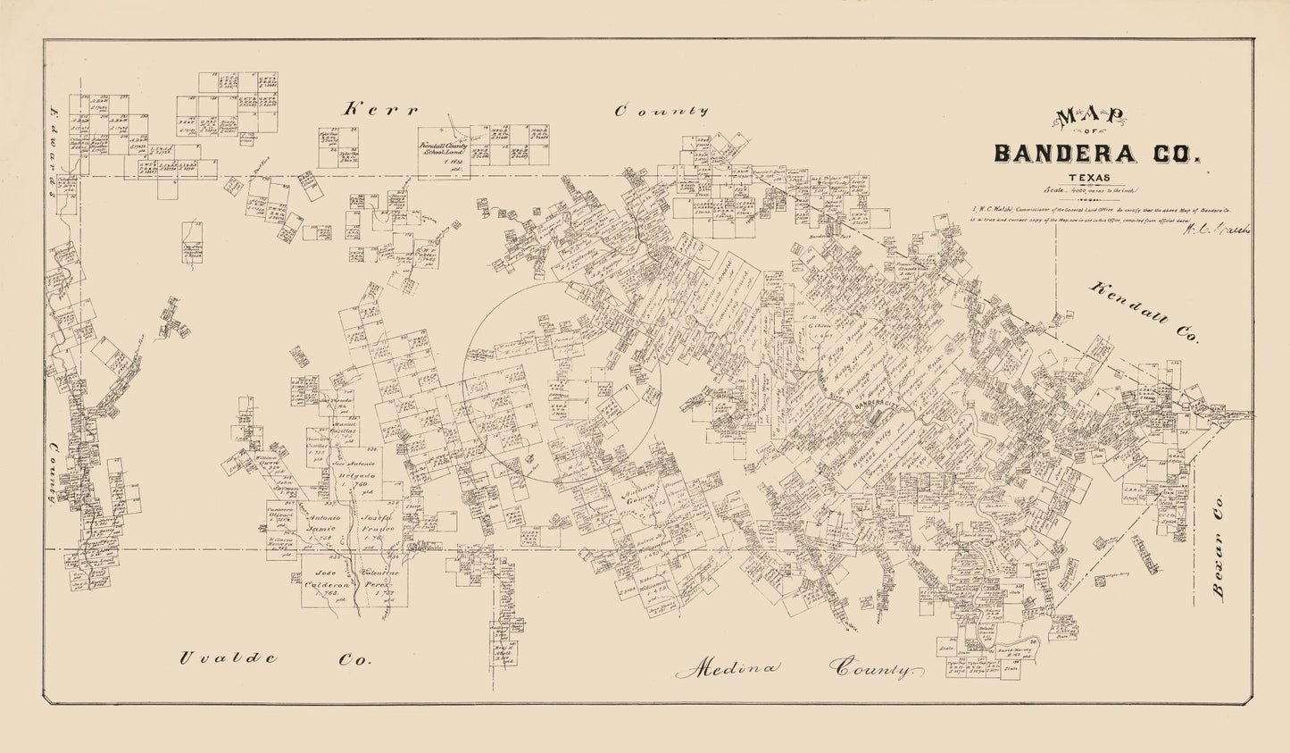 Historic County Map - Bandera County Texas - Walsh 1879 - 39.43 x 23 - Vintage Wall Art