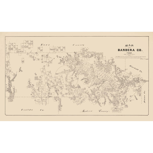 Historic County Map - Bandera County Texas - Walsh 1879 - 39.43 x 23 - Vintage Wall Art