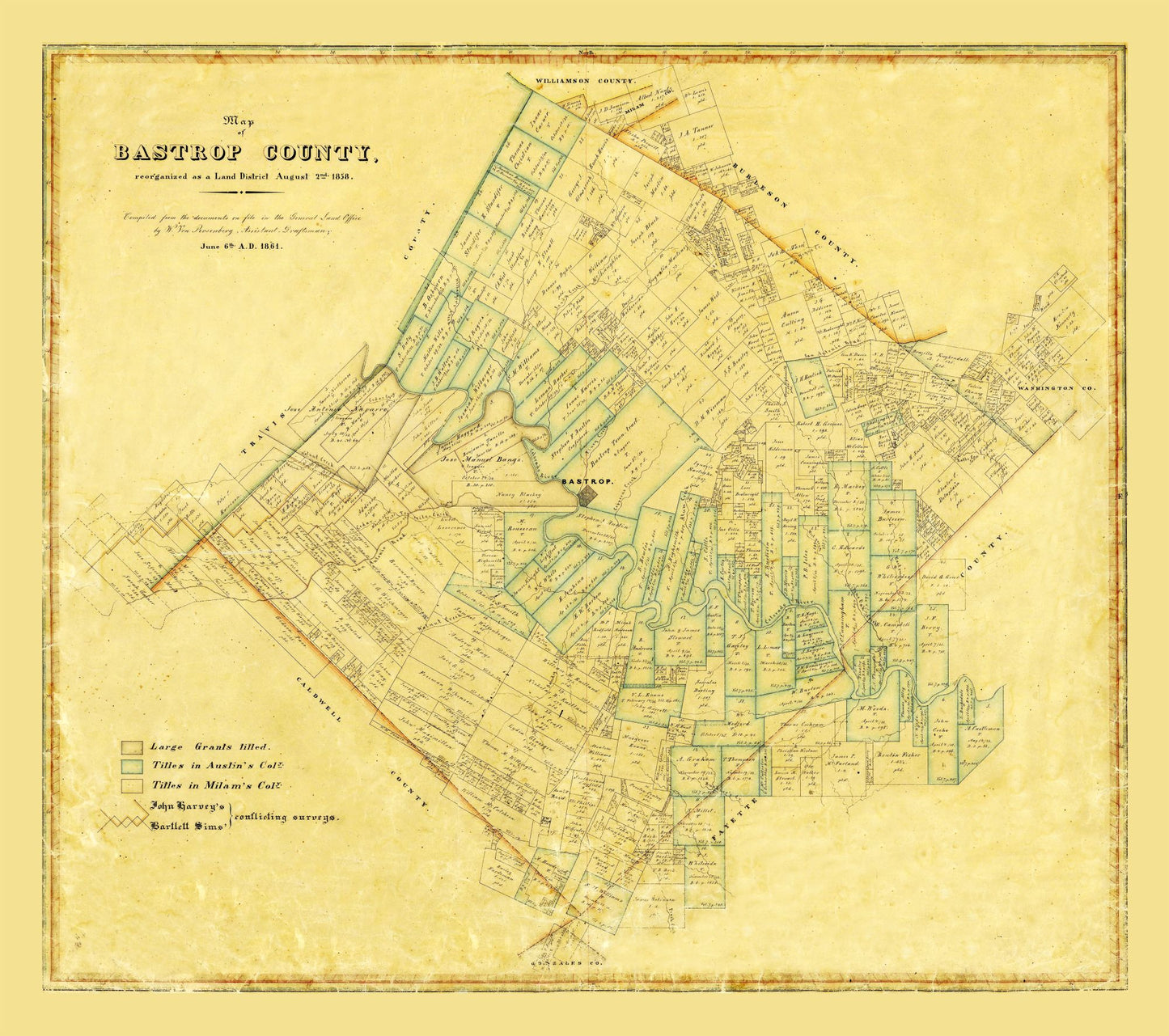 Historic County Map - Bastrop County Texas - General Land Office 1861 - 25.94 x 23 - Vintage Wall Art