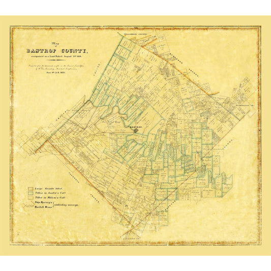 Historic County Map- Bastrop County Texas - General Land Office 1861 - Vintage Wall Art