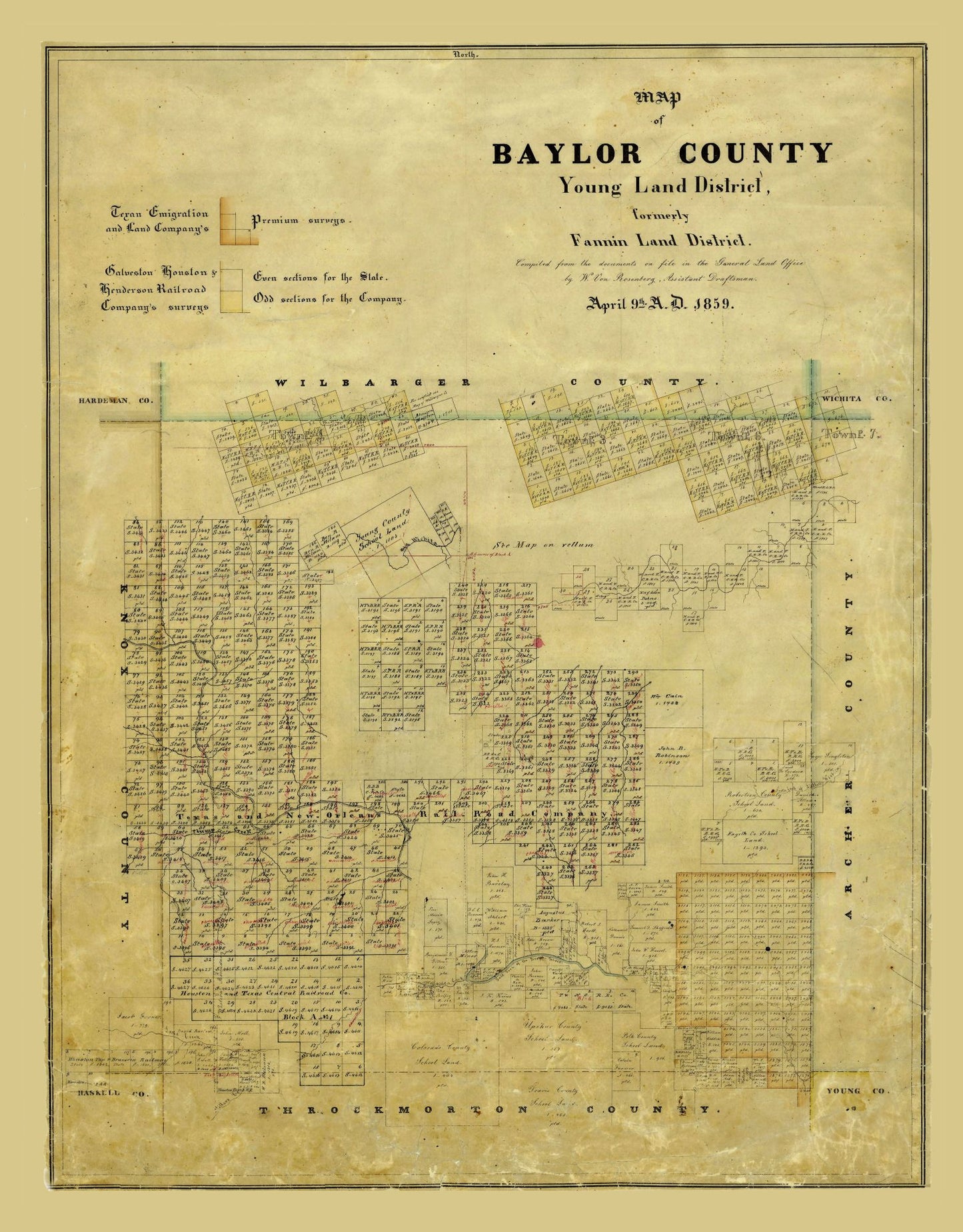 Historic County Map - Baylor County Texas - Rosenberg 1859 - 23 x 29.40 - Vintage Wall Art