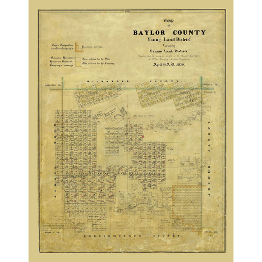 Historic County Map - Baylor County Texas - Rosenberg 1859 - Vintage Wall Art