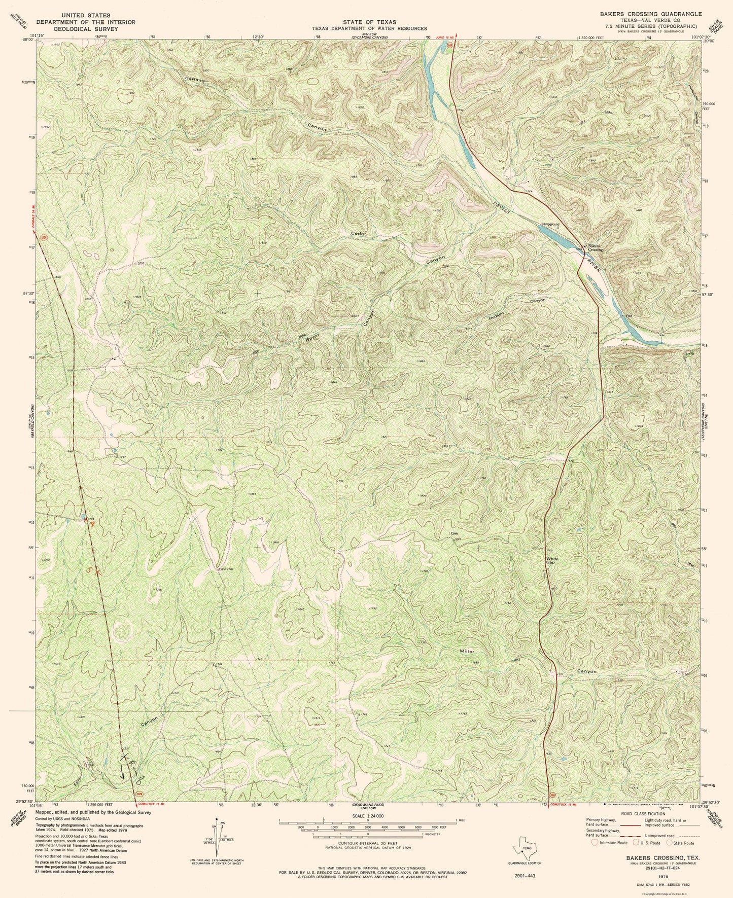 Topographical Map - Bakers Crossing Texas Quad - USGS 1979 - 23 x 28.18 - Vintage Wall Art