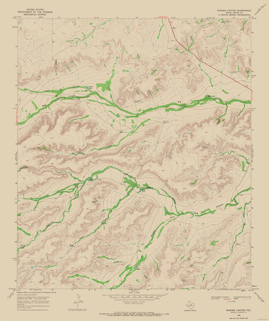 Topographical Map - Busher Canyon Texas Quad - USGS 1968 - 23 x 27.38 - Vintage Wall Art