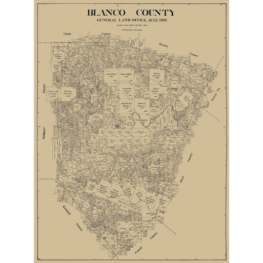 Historic County Map - Blanco County Texas - Bramlette 1916 - Vintage Wall Art