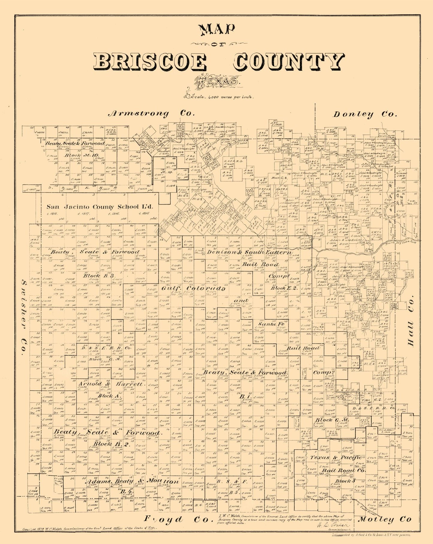 Historic County Map - Briscoe County Texas - Walsh 1879 - 23 x 28.88 - Vintage Wall Art