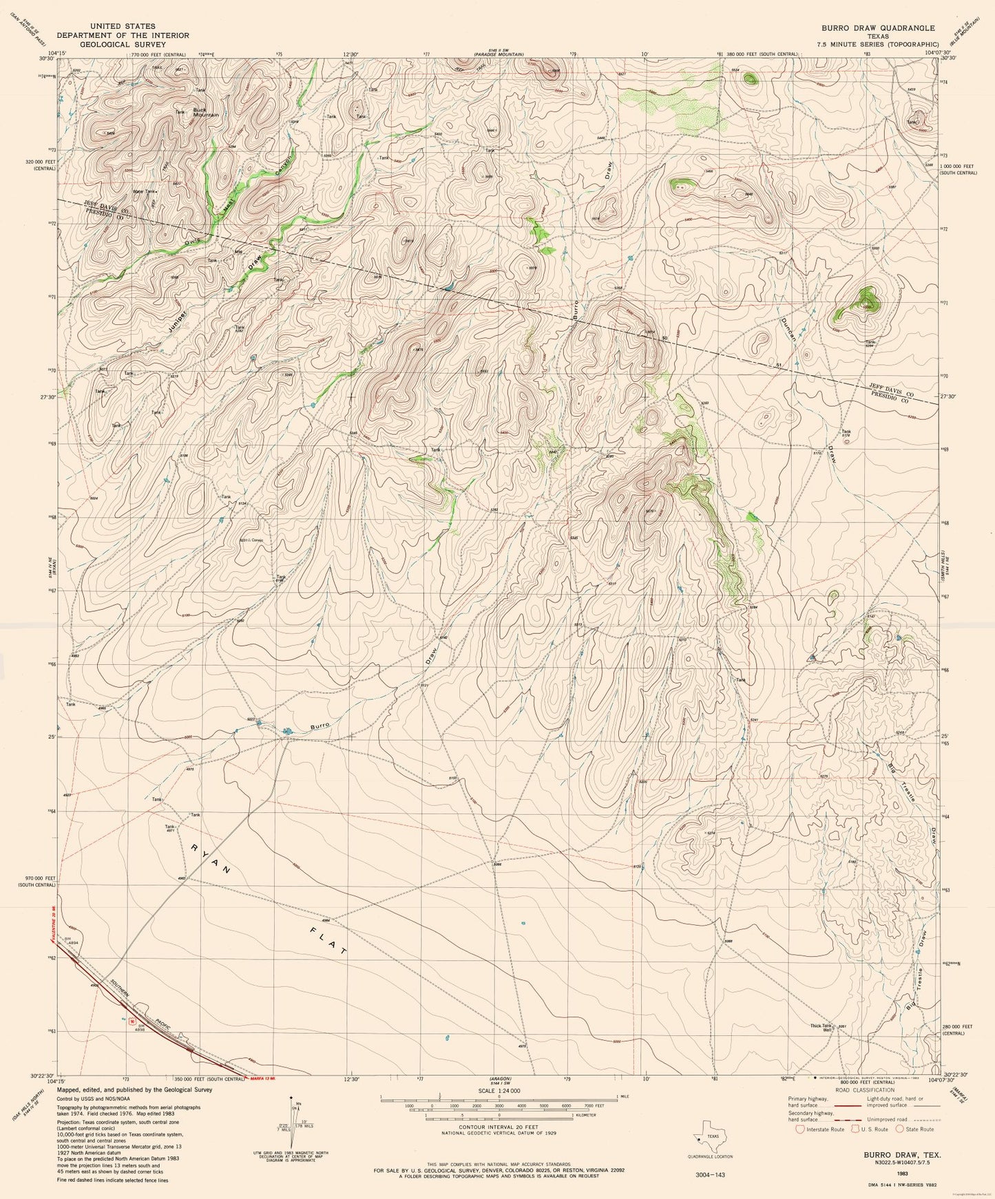 Topographical Map - Burro Draw Texas Quad - USGS 1983 - 23 x 27.73 - Vintage Wall Art