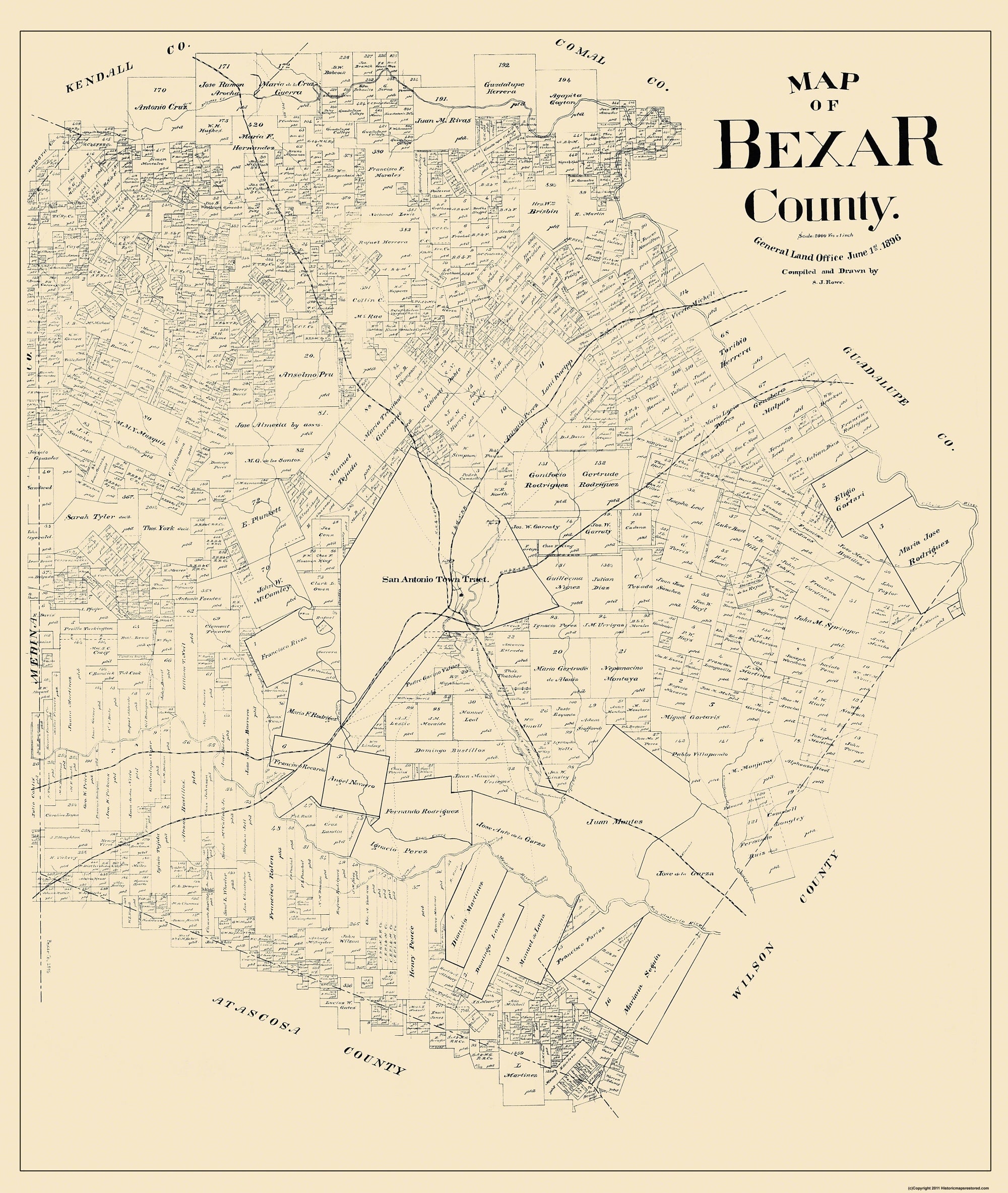 Bexar Map Historic County Map - Bexar County Texas - Rowe 1896 - 23 x 27.25 - Vi ...