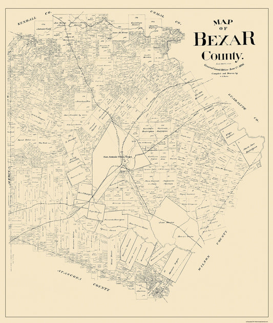 Historic County Map - Bexar County Texas - Rowe 1896 - 23 x 27.25 - Vintage Wall Art