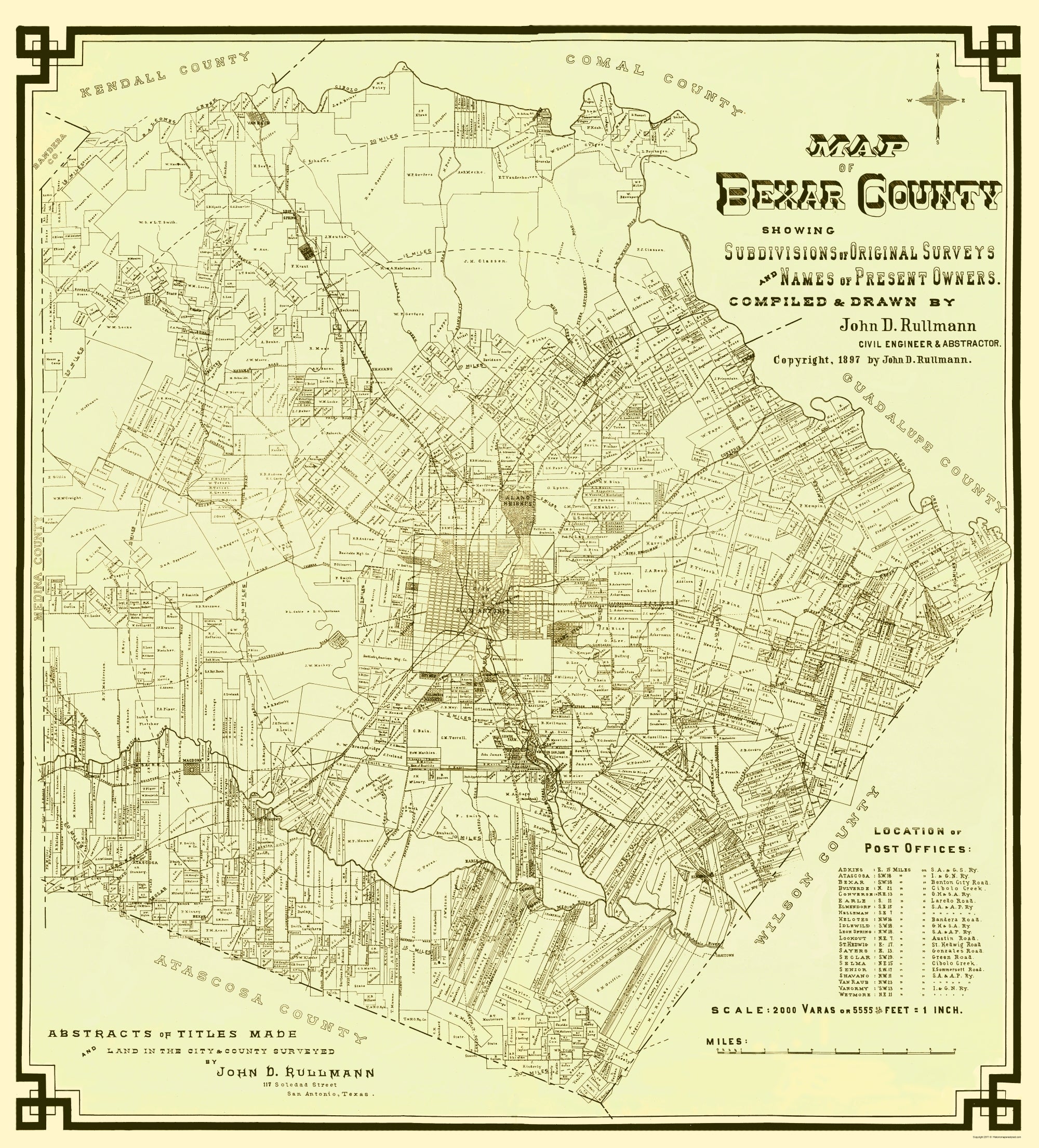 Bexar Map Historic County Map - Bexar County Texas - Rullmann 1897 - Vintage Wal ...