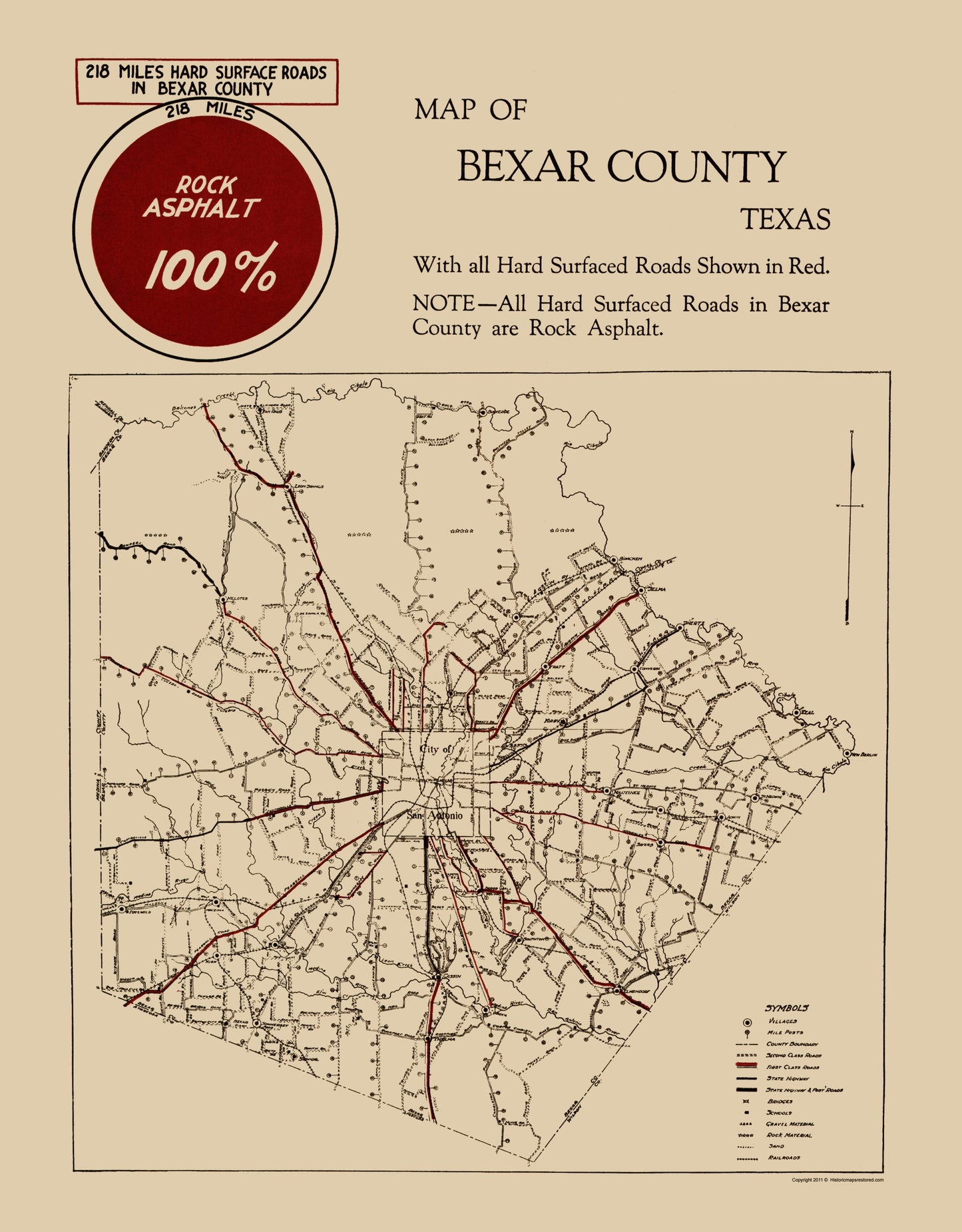 Historic County Map - Bexar County Texas Roads - 1923 - 23 x 29.46 - Vintage Wall Art