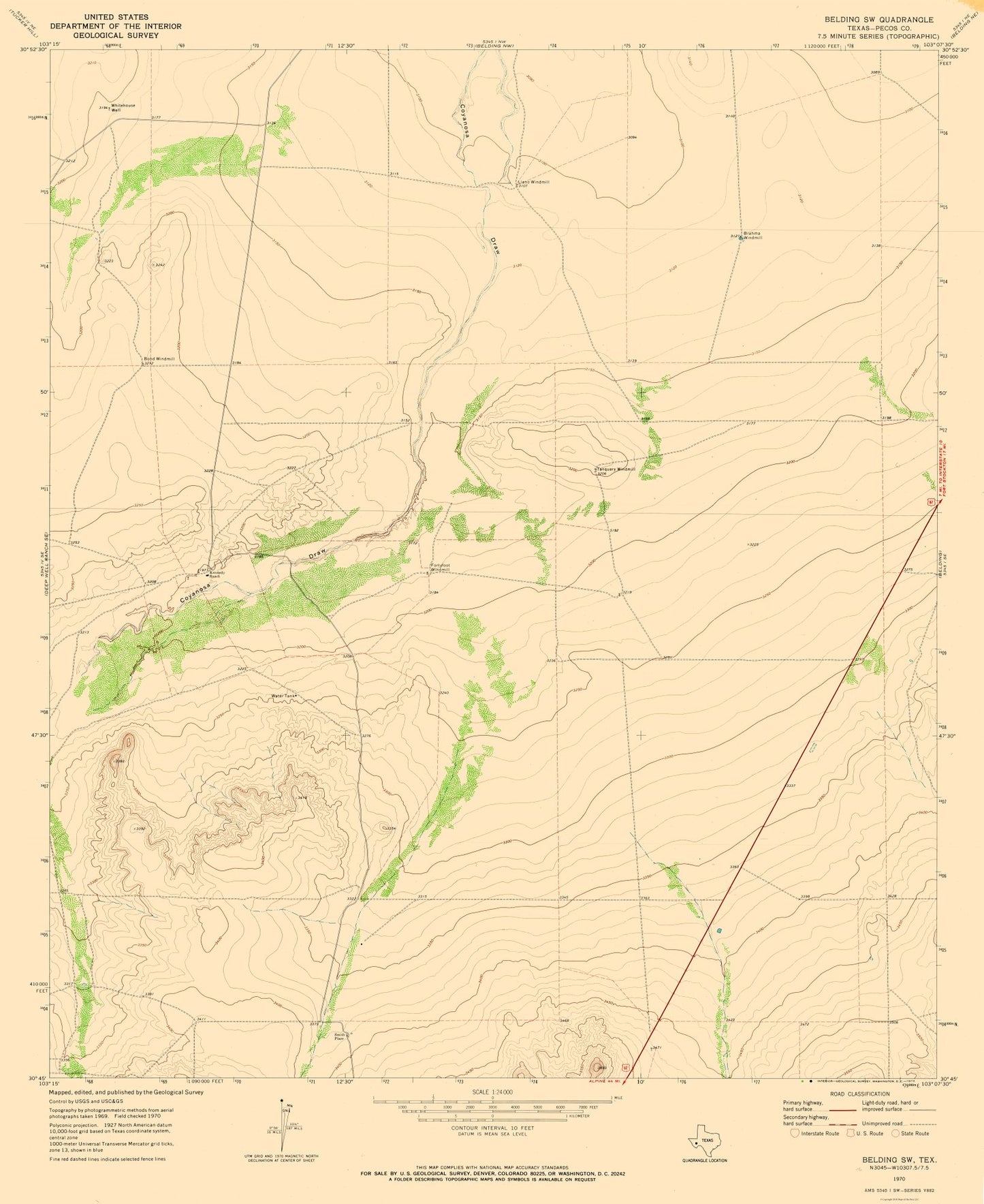 Topographical Map - Belding Texas South West Quad - USGS 1970 - 23 x 28.12 - Vintage Wall Art