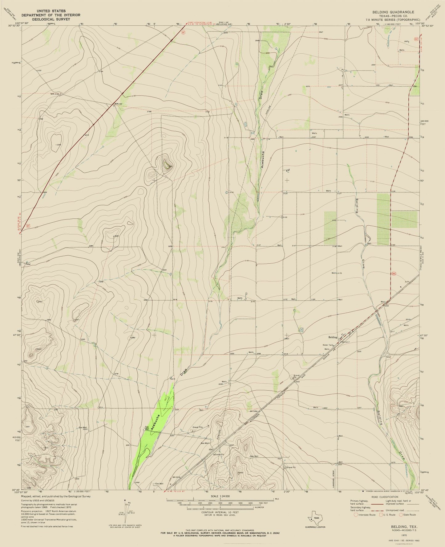 Topographical Map - Belding Texas Quad - USGS 1970 - 23 x 28.25 - Vintage Wall Art