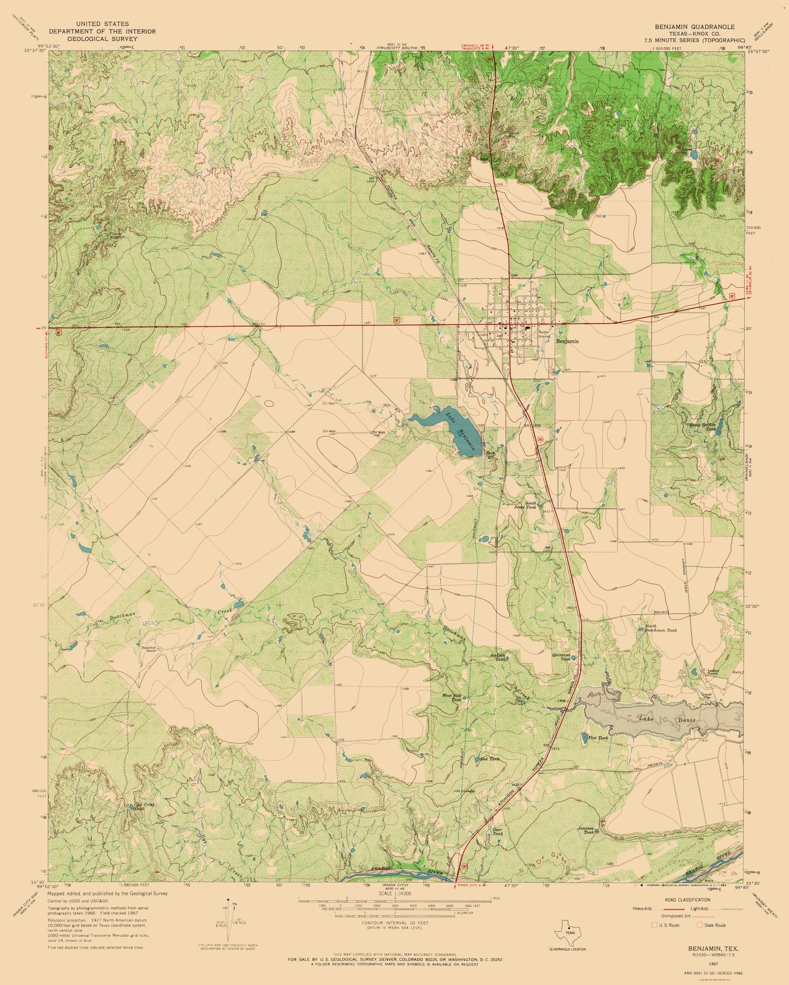 Topographical Map - Benjamin Texas Quad - USGS 1967 - 23 x 28.71 - Vin ...