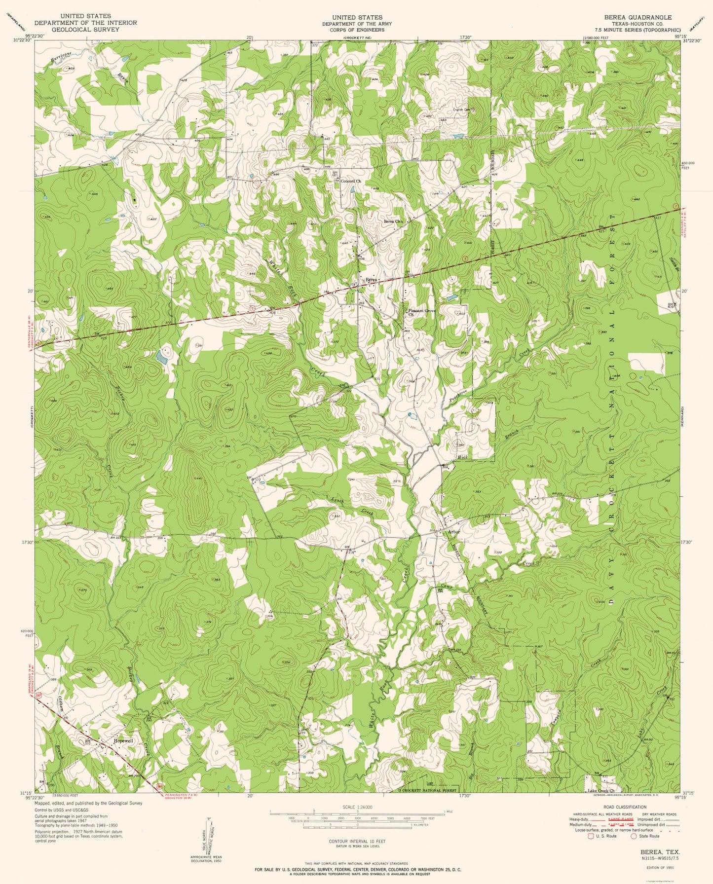 Topographical Map - Berea Texas Quad - USGS 1951 - 23 x 28.52 - Vintage Wall Art