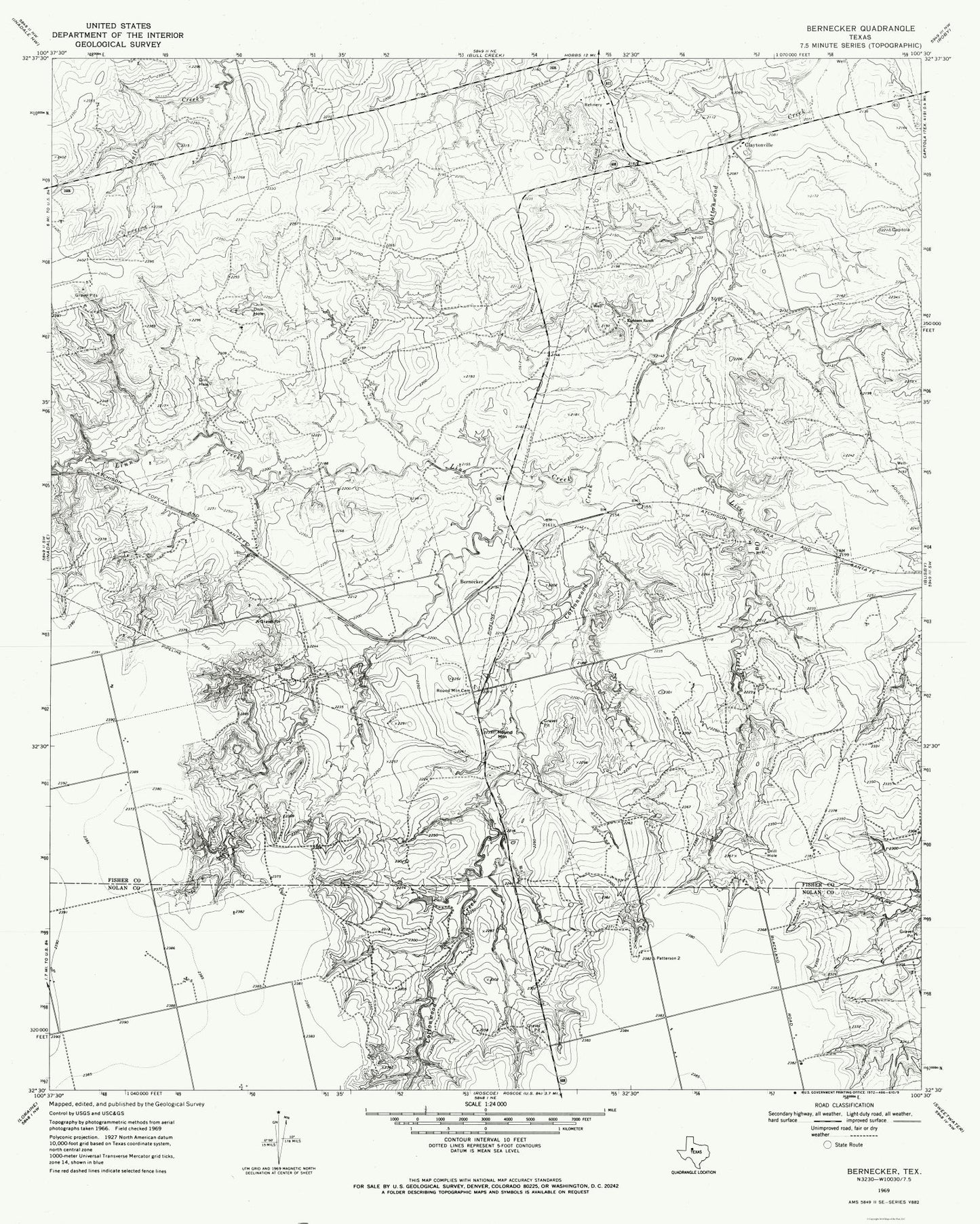 Topographical Map - Bernecker Texas Quad - USGS 1969 - 23 x 28.71 - Vintage Wall Art