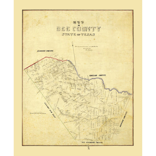 Historic County Map - Bee County Texas - Dunlap 1863 - Vintage Wall Art