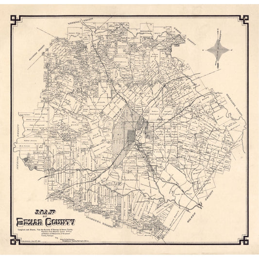 Historic County Map - Bexar County Texas - 1887 - Vintage Wall Art