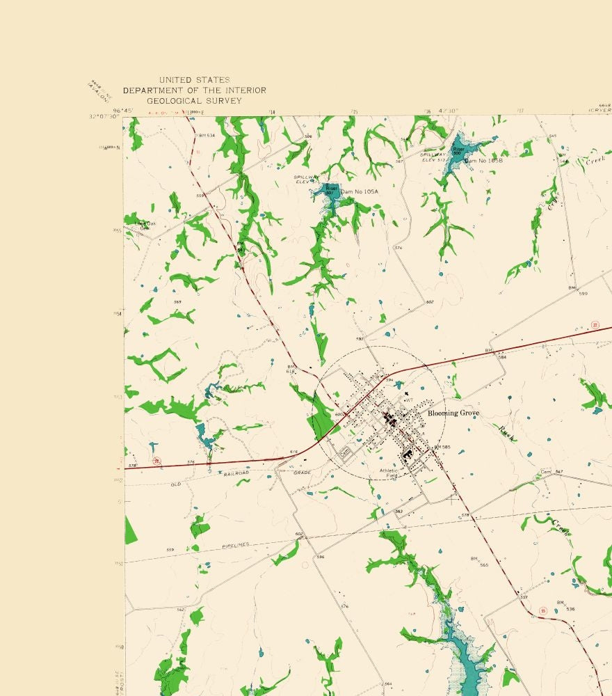 Topographical Map - Blooming Grove Texas Quad - USGS 1965 - 23 x 26.14 - Vintage Wall Art