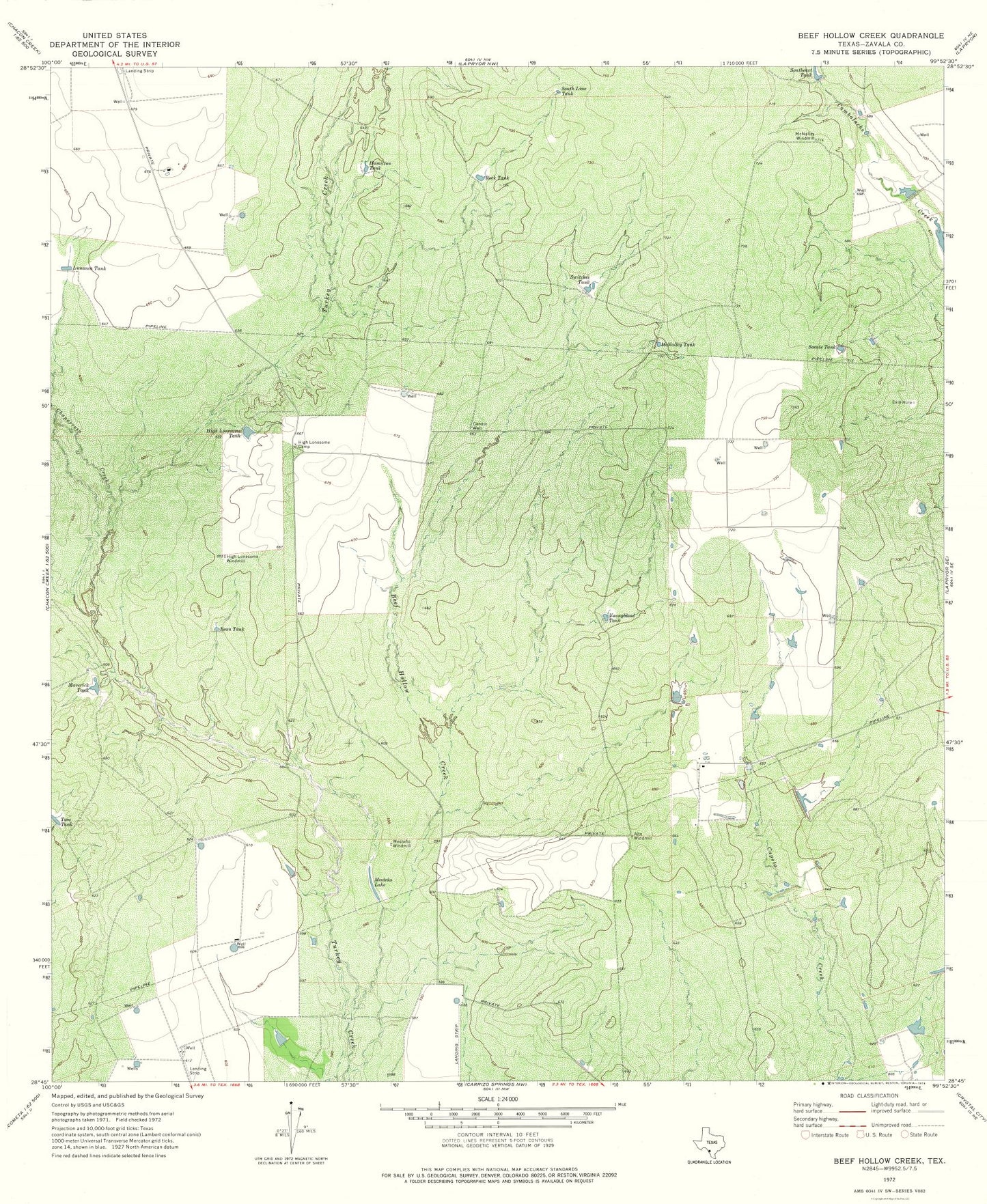 Topographical Map - Beef Hollow Creek Texas Quad - USGS 1972 - 23 x 28.07 - Vintage Wall Art