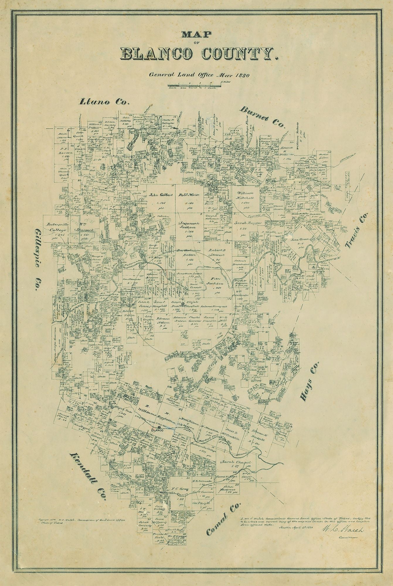 Historic County Map - Blanco County Texas - Walsh 1880 - 23 x 34.29 - Vintage Wall Art