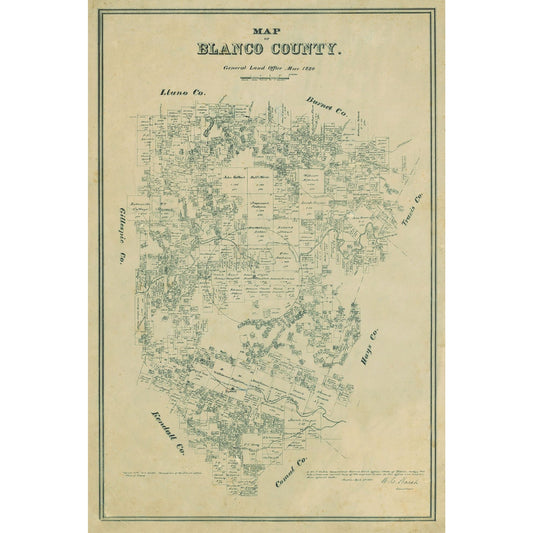 Historic County Map - Blanco County Texas - Walsh 1880 - Vintage Wall Art
