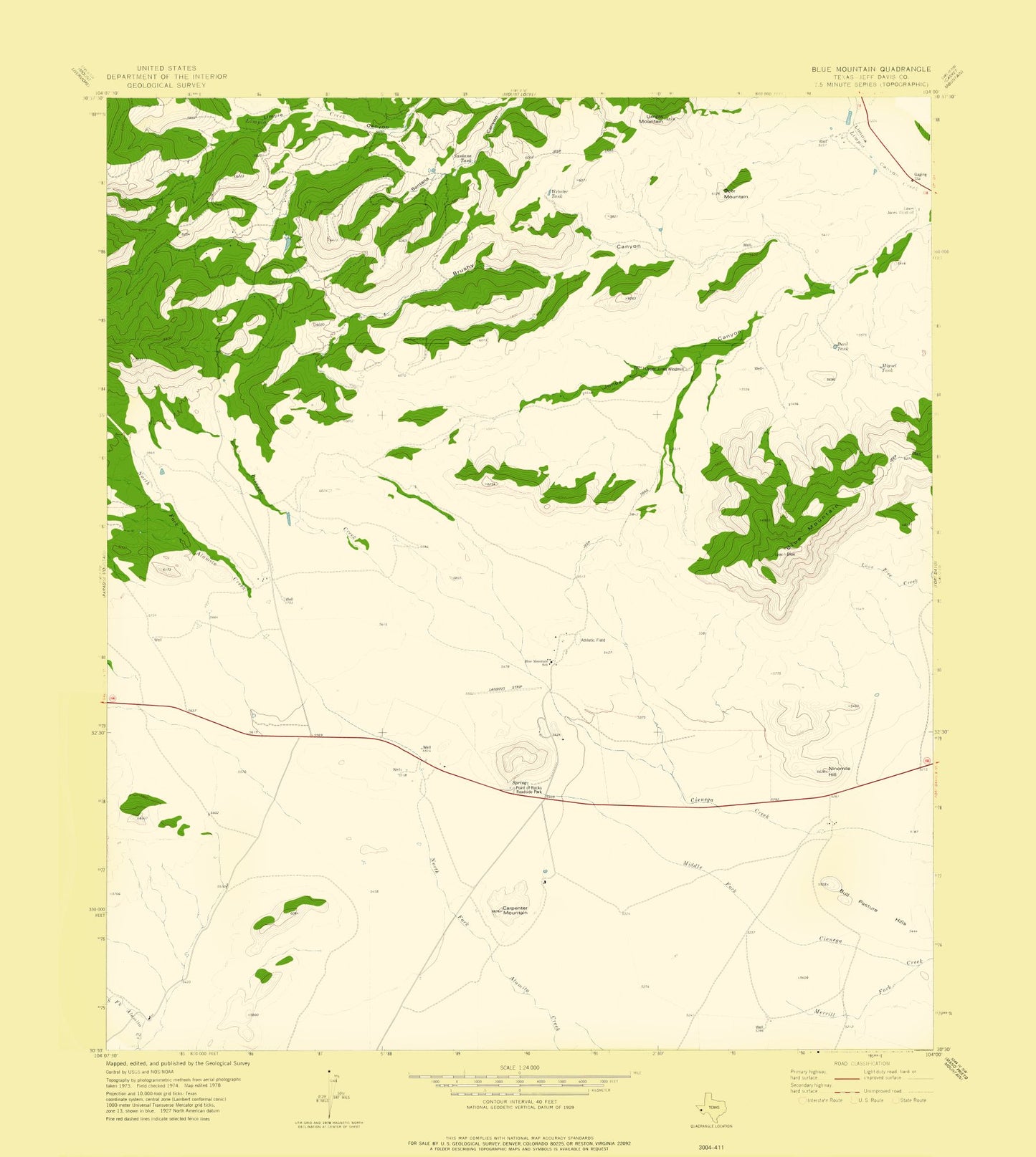 Topographical Map - Blue Mountain Texas Quad - USGS 1978 - 23 x 25.69 - Vintage Wall Art