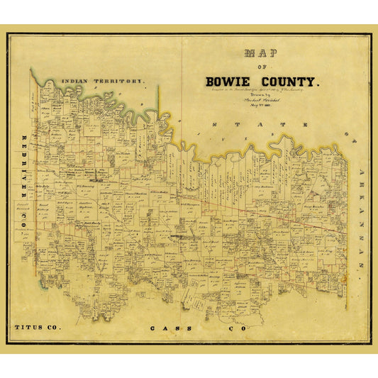 Historic County Map - Bowie County Texas - Rosenberg 1860 - 26.36 x 23 - Vintage Wall Art