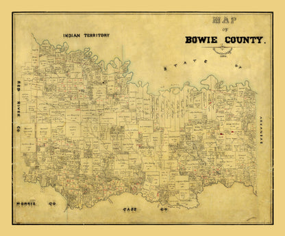 Historic County Map - Bowie County Texas - General Land Office 1884 - 27.74 x 23 - Vintage Wall Art