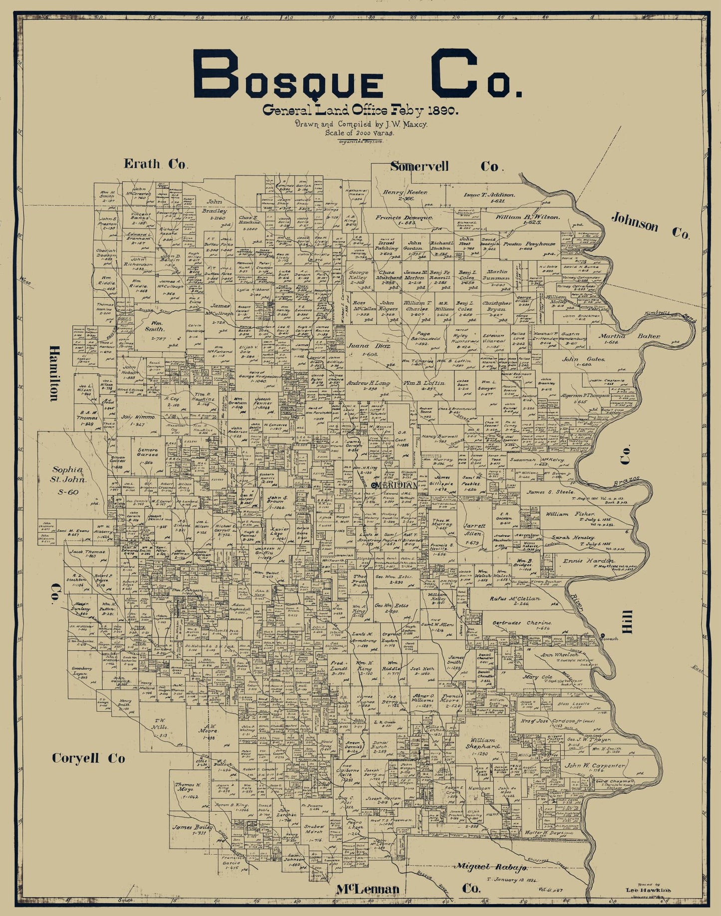 Historic County Map - Bosque County Texas - Maxcy 1890 - 23 x 29.22 - Vintage Wall Art