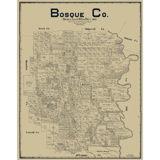 Historic County Map - Bosque County Texas - Maxcy 1890 - Vintage Wall Art