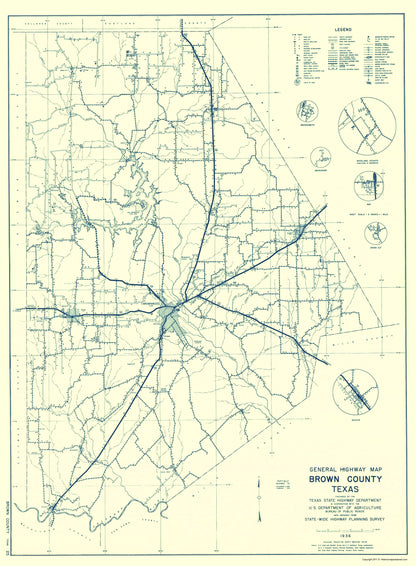 Historic County Map - Brown County Texas - Highway Department 1940 - 23 x 31.27 - Vintage Wall Art