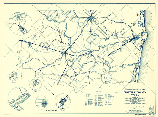 Historic County Map - Brazoria County Texas - Highway Department 1936 - 23 x 30.96 - Vintage Wall Art