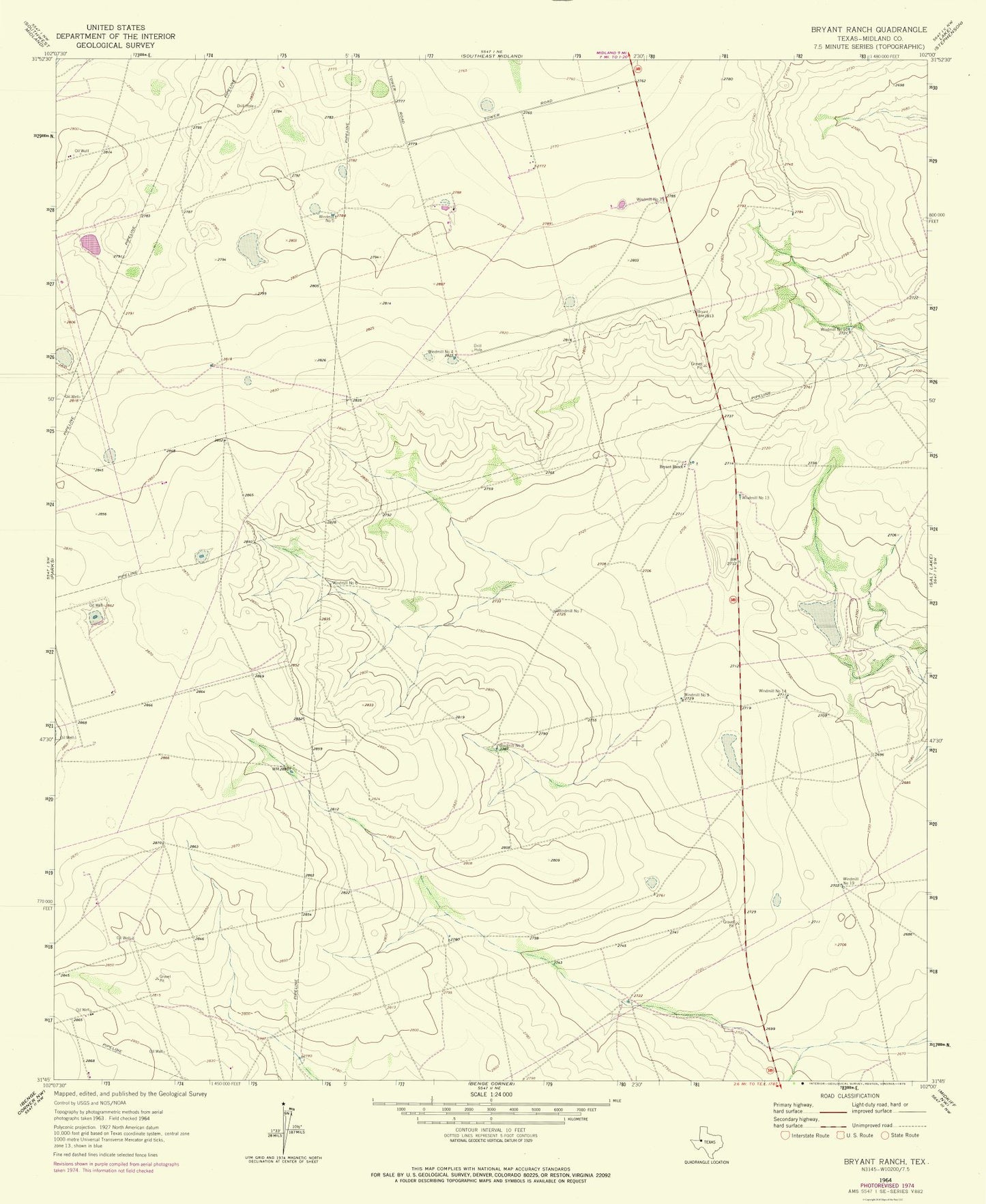 Topographical Map - Bryant Ranch Texas Quad - USGS 1964 - 23 x 28.10 - Vintage Wall Art