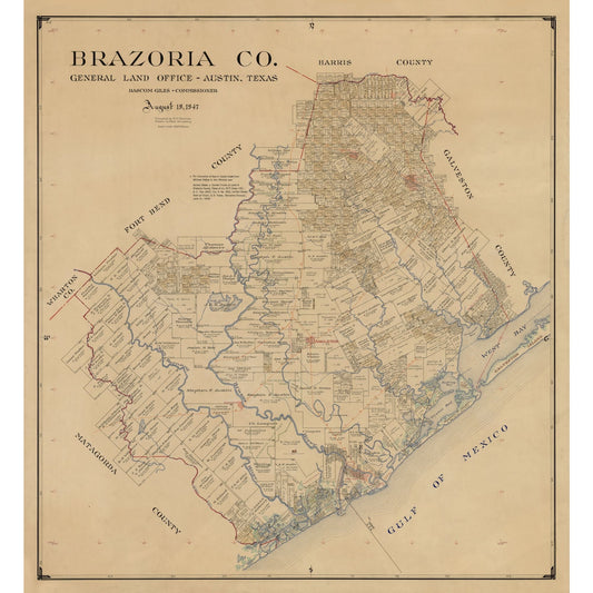 Historic County Map - Brazoria County Texas - General Land Office 1947 - 23 x 24.99 - Vintage Wall Art