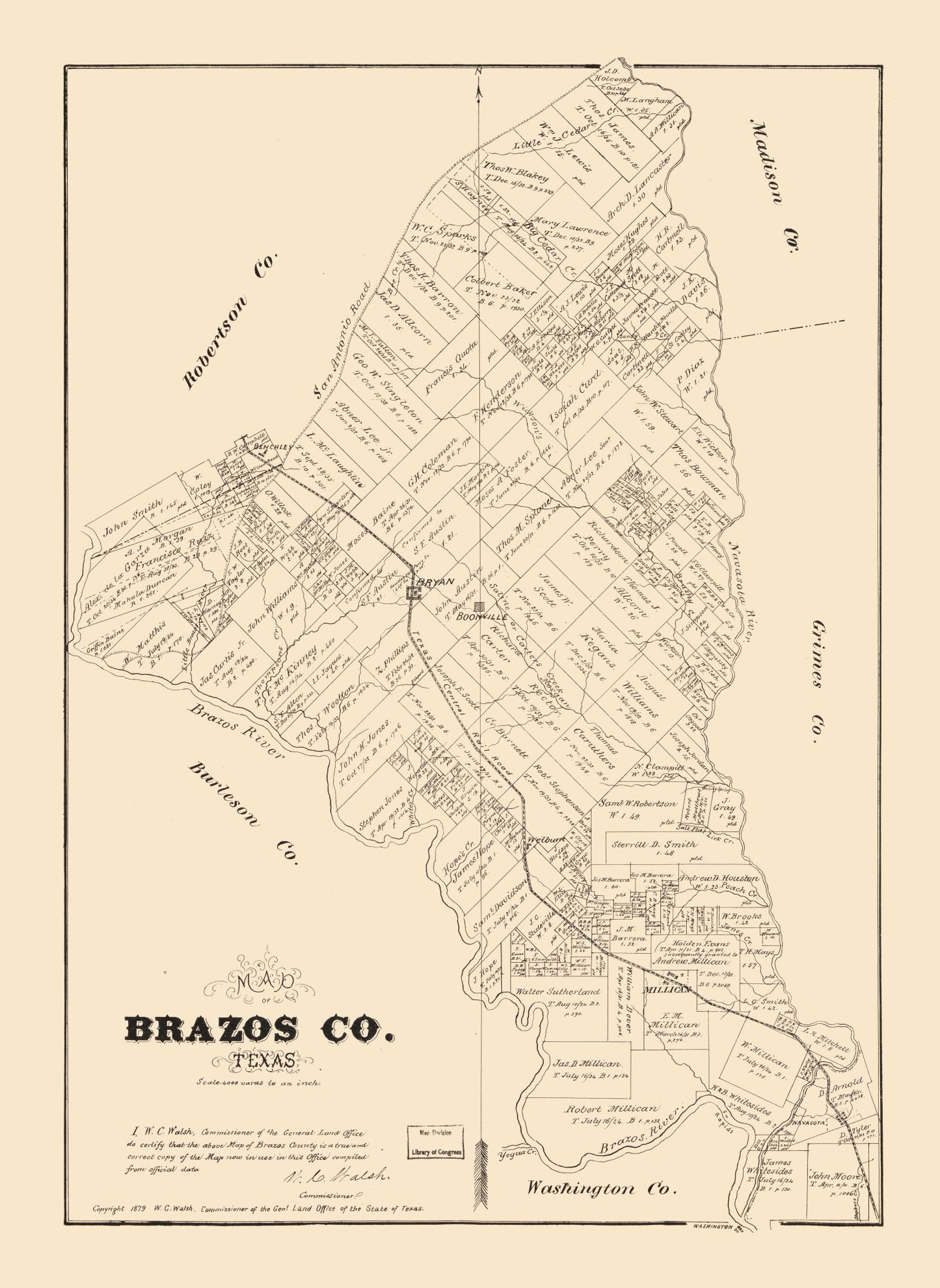 Historic County Map - Brazos County Texas - Walsh 1879 - 23 x 31.54 - Vintage Wall Art