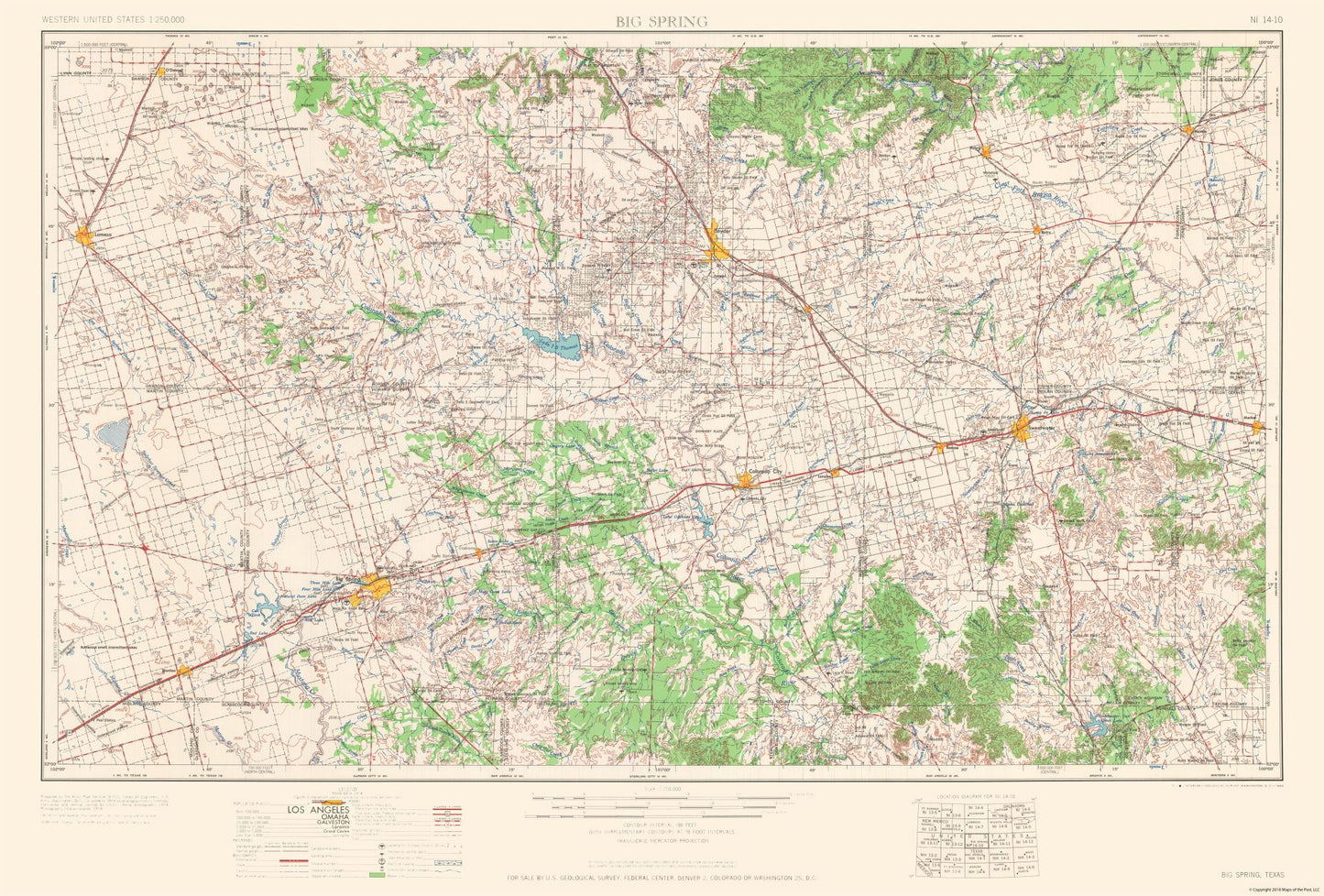 Topographical Map - Big Spring Howard County Texas Quad - USGS 1954 - 33.98 x 23 - Vintage Wall Art