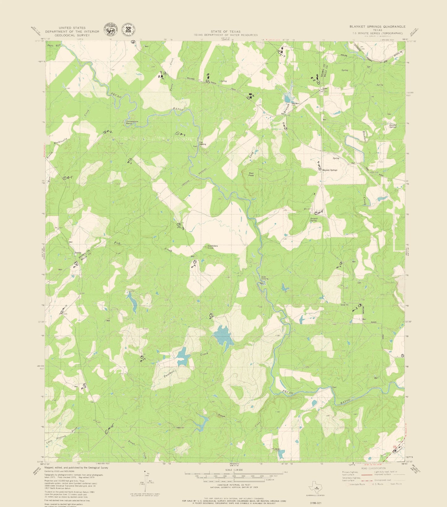 Topographical Map - Blanket Springs Texas Quad - USGS 1979 - 23 x 26.04 - Vintage Wall Art