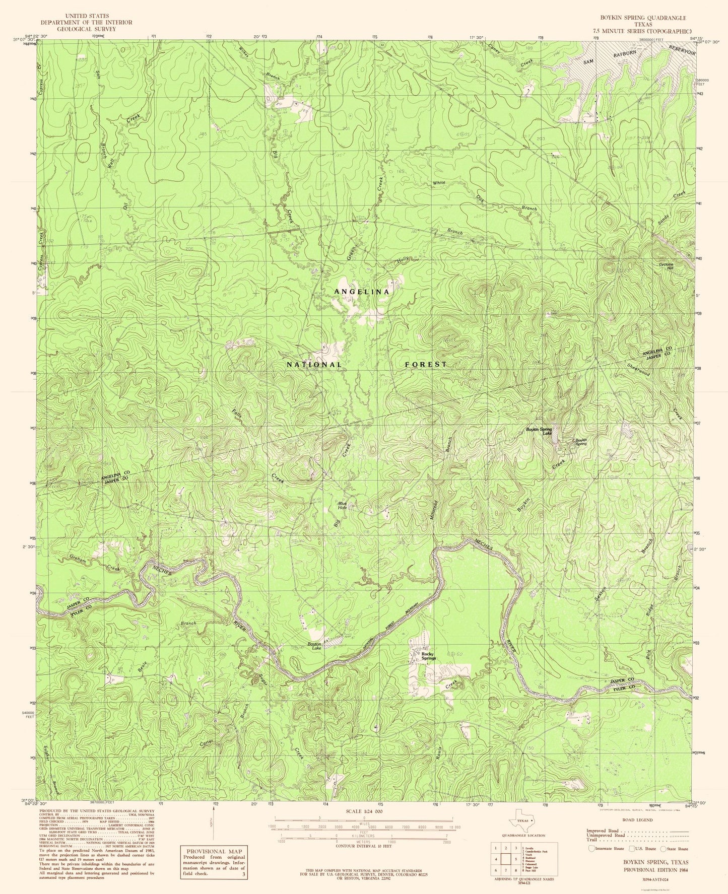 Topographical Map - Boykin Spring Texas Quad - USGS 1984 - 23 x 28.26 - Vintage Wall Art