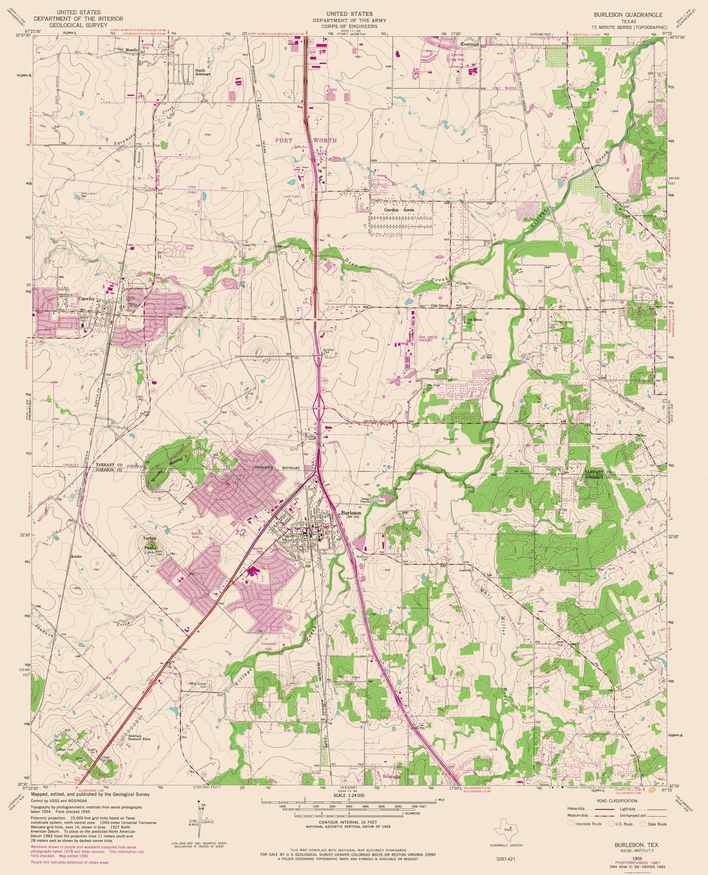 Topographical Map - Burleson Texas Quad - USGS 1955 - 23 x 28.45 - Vintage Wall Art