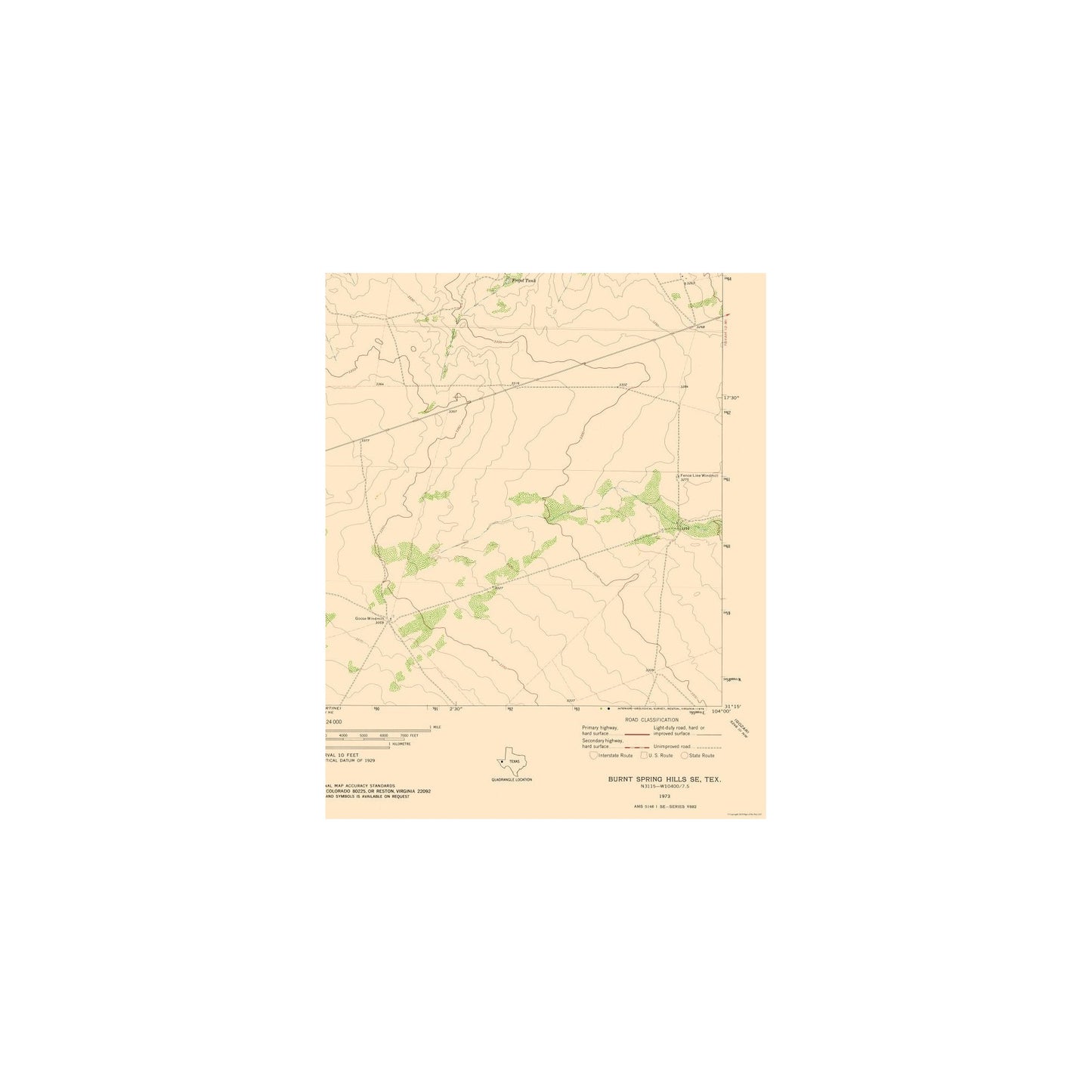 Topographical Map - Burnt Spring Hills Texas Quad - USGS 1973 - 23 x 28.50 - Vintage Wall Art