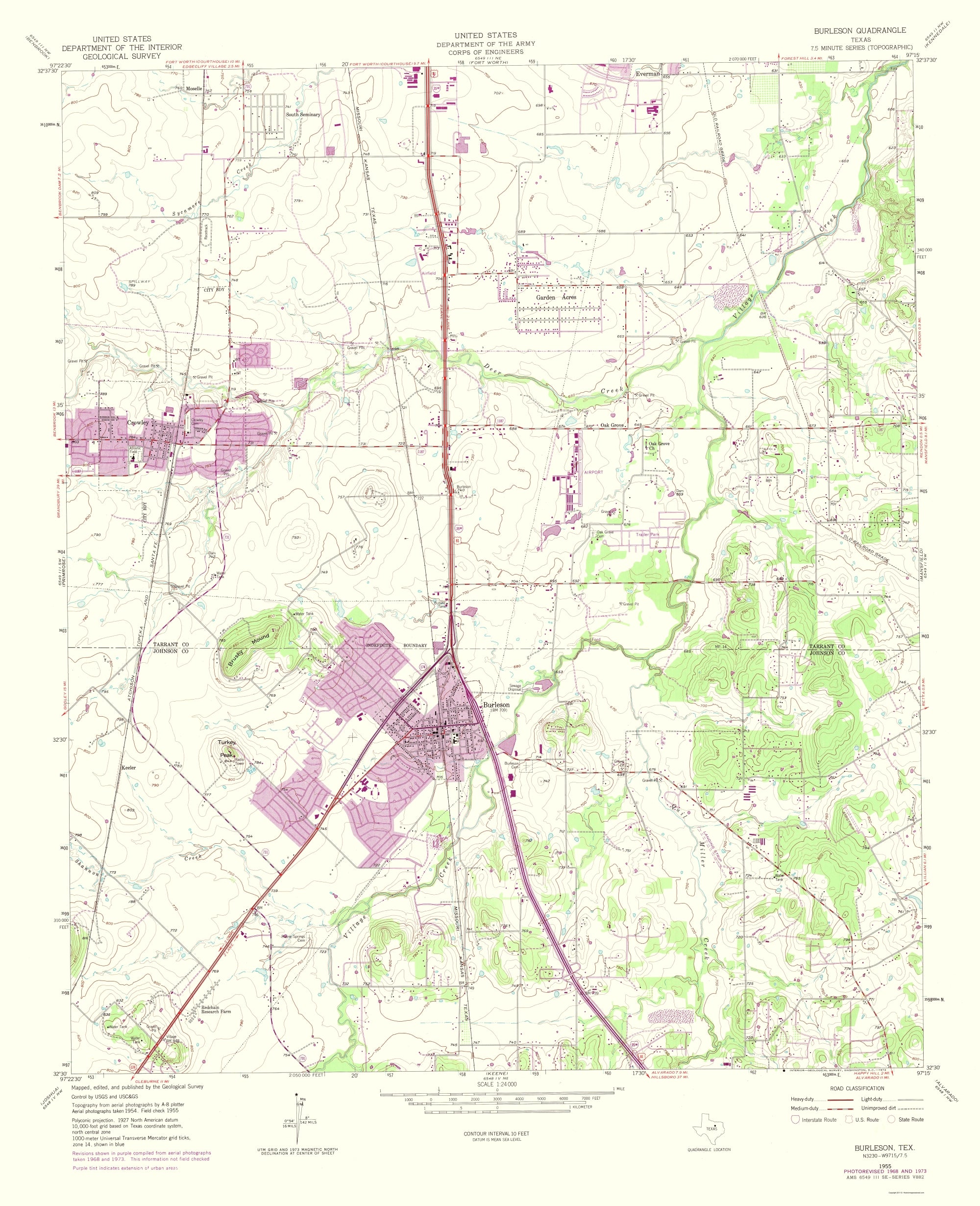 Topographical Map - Burleson Texas Quad - USGS 1974 - 23 x 28.29 - Vin ...