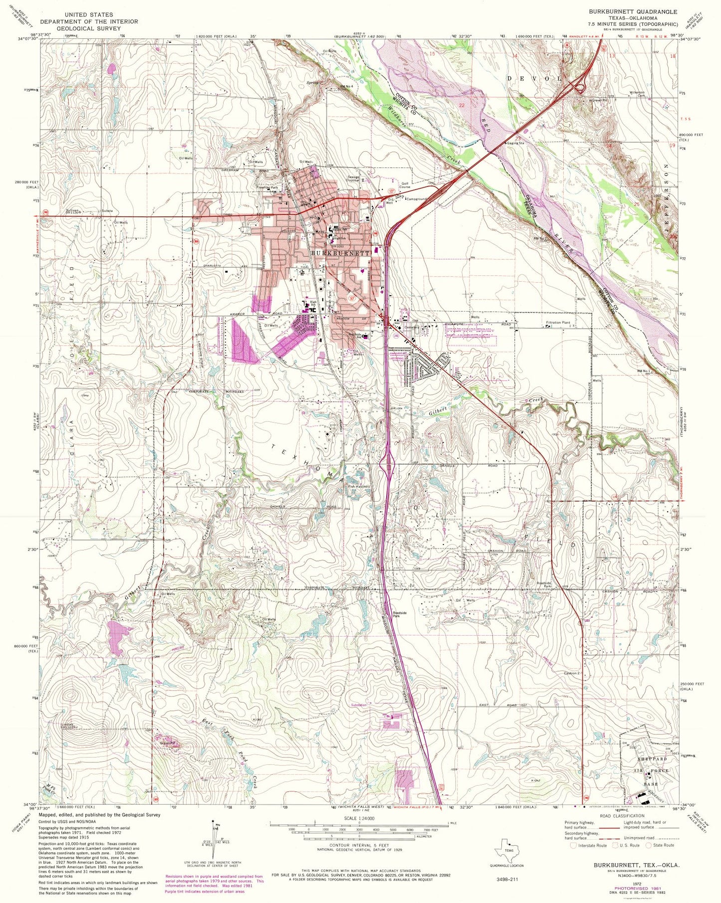 Topographical Map - Burkburnett Texas Quad - USGS 1972 - 23 x 28.83 - Vintage Wall Art