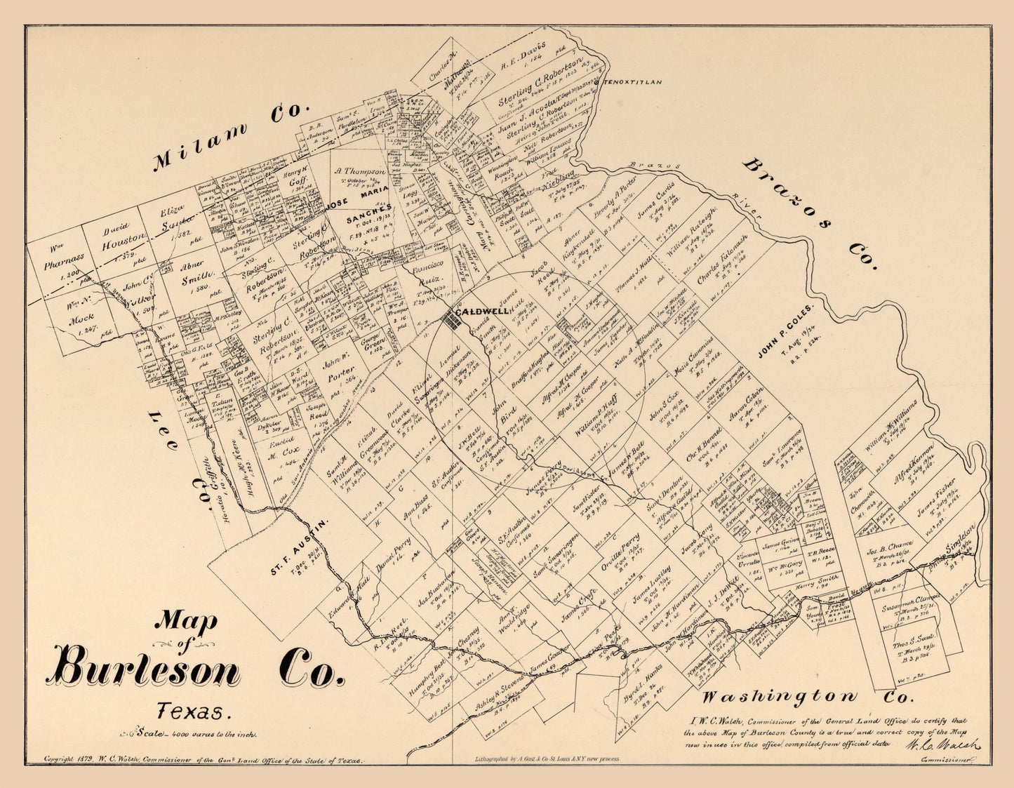 Historic County Map - Burleson County Texas - Walsh 1879 - 23 x 29.59 - Vintage Wall Art