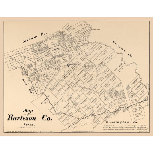 Historic County Map - Burleson County Texas - Walsh 1879 - Vintage Wall Art