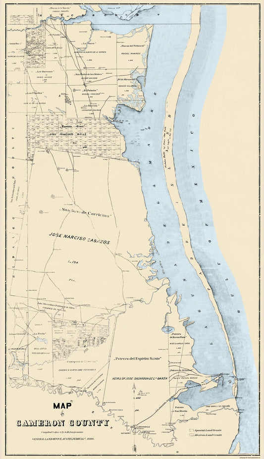 Historic County Map - Cameron County Texas - Langermann 1880 - 23 x 40 - Vintage Wall Art